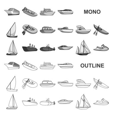 Su ve deniz taşıma monochrom simgeler set koleksiyonu tasarım için. Tekneler ve gemiler çeşitli sembol stok web illüstrasyon vektör.