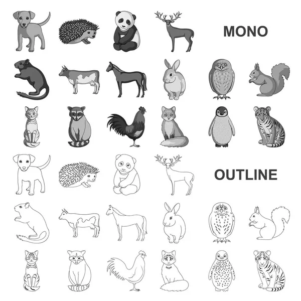 Animaux réalistes icônes monochrome dans la collection ensemble pour le design. Animaux sauvages et domestiques symbole vectoriel stock web illustration . — Image vectorielle