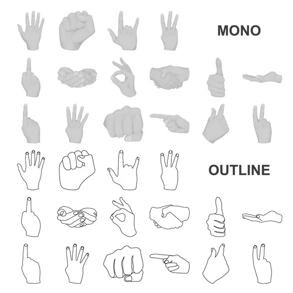 Ręką gest monochrom ikony w kolekcja zestaw do projektowania. Nadgarstka i palca ilustracja web akcji symbol wektor. — Wektor stockowy