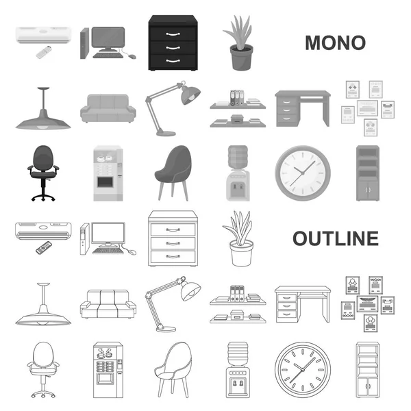Interior dos ícones monocromáticos do local de trabalho na coleção de conjuntos para design. Móveis de escritório símbolo vetorial web ilustração . — Vetor de Stock