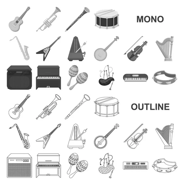 Muziekinstrument monochrom pictogrammen in set collectie voor design. Tekenreeks en blaasinstrument vector symbool voorraad web illustratie. — Stockvector