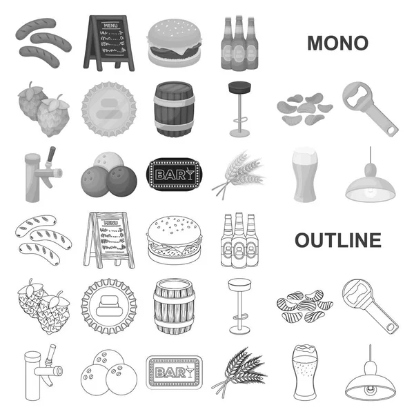 Pub, interior and equipment monochrom icons in set collection for design. Alcohol and food vector symbol stock web illustration. — Stock Vector
