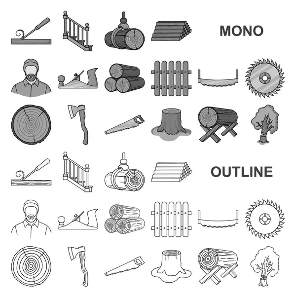 Sawmill and Timber monochrom icons in set collection for design. Hardware and Tools vector symbol stock web illustration. — Stock Vector