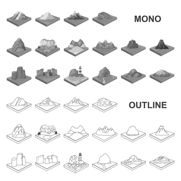 Góry, masywne monochrom ikony w kolekcja zestaw do projektowania. Powierzchni ziemi wektorowego izometryczny symbol zasobów sieci web. — Wektor stockowy