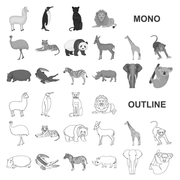 Διαφορετικά ζώα monochrom εικονίδια στο σύνολο συλλογής για το σχεδιασμό. Πουλί, ο predator και φυτοφάγα σύμβολο μετοχής web εικονογράφηση διάνυσμα. — Διανυσματικό Αρχείο