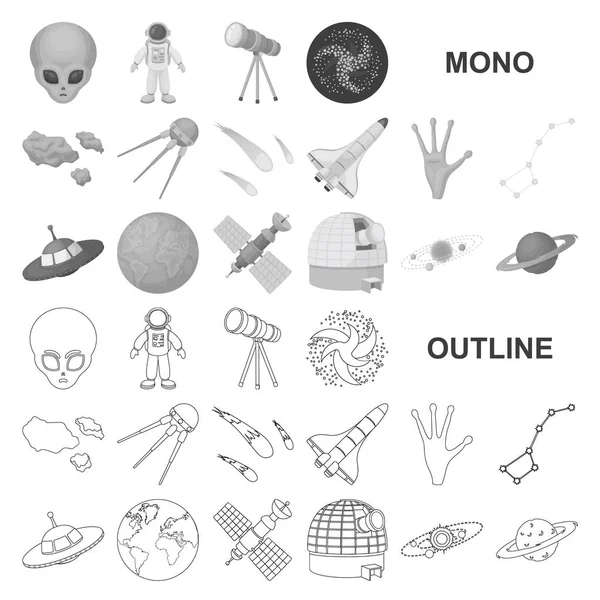 Icone monocromatiche della tecnologia spaziale nella collezione di set per il design.Spacecraft e attrezzature vettoriale simbolo stock web illustrazione . — Vettoriale Stock