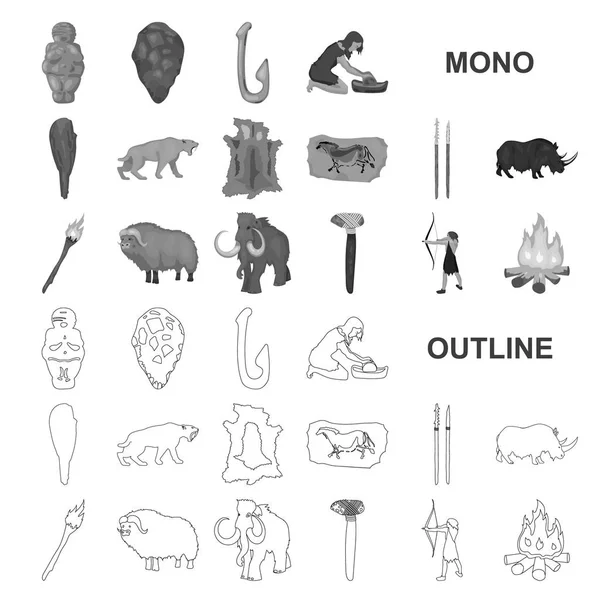 Life in the Stone Age monochrom icons in set collection for design (en inglés). Antigua gente vector símbolo stock web ilustración . — Vector de stock
