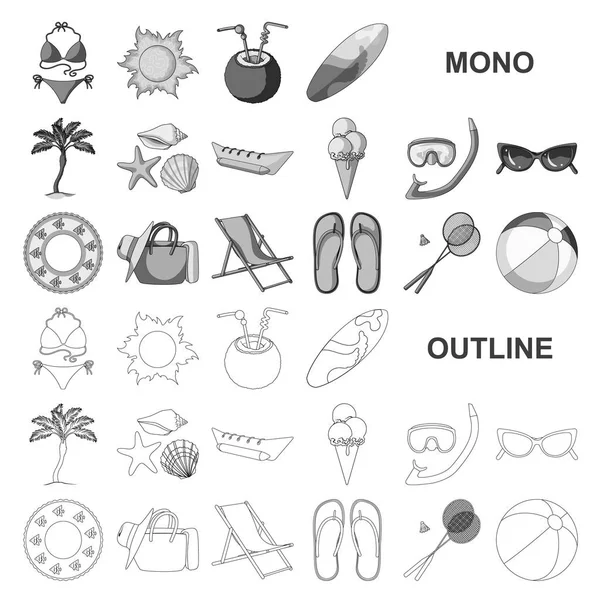 Icônes de monochrome de repos d'été dans la collection d'ensemble pour le design. Accessoire de plage symbole vectoriel stock web illustration . — Image vectorielle