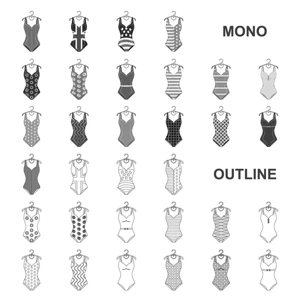 Verschillende soorten zwemkleding monochrom pictogrammen in set collectie voor design. Zwemmen accessoires vector symbool voorraad web illustratie. — Stockvector