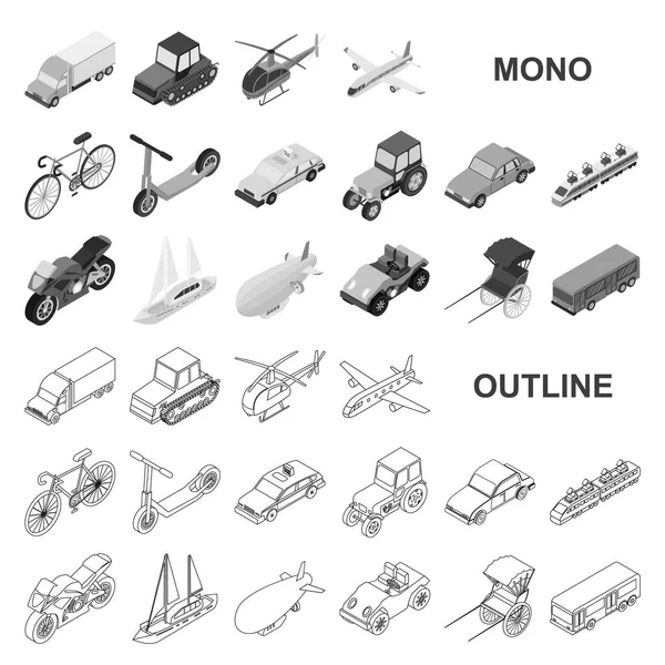 Diferentes tipos de iconos monocromáticos de transporte en la colección de conjuntos para el diseño. Coche y barco vector isométrico símbolo stock web ilustración . — Archivo Imágenes Vectoriales