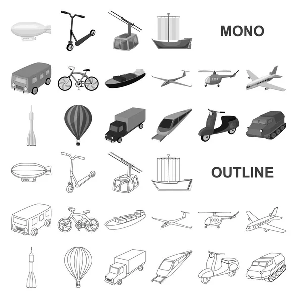 Différents types d'icônes monochromes de transport dans la collection de jeux pour le design. Voiture et bateau vectoriel symbole stock web illustration . — Image vectorielle