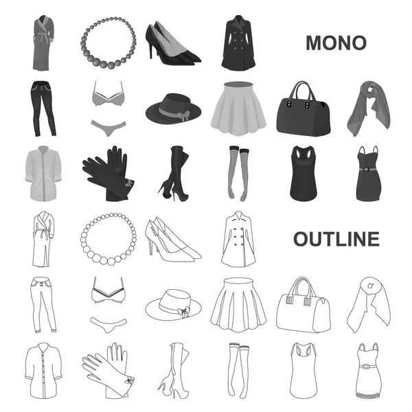 Kadın Monochrom simgeleri set koleksiyonu tasarım için giyim. Sembol stok web illüstrasyon vektör giyim çeşitleri ve aksesuarlar. — Stok Vektör