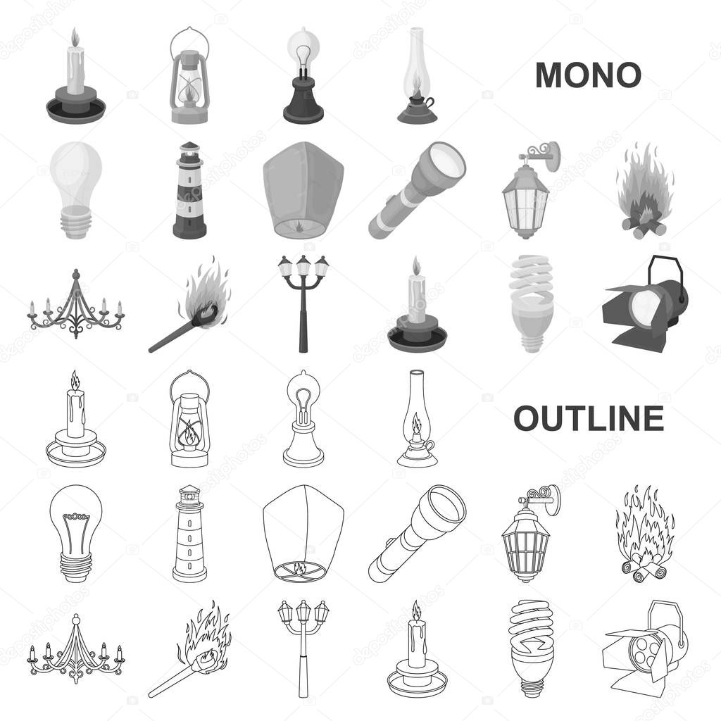 Light source monochrom icons in set collection for design. Light and equipment vector symbol stock  illustration.
