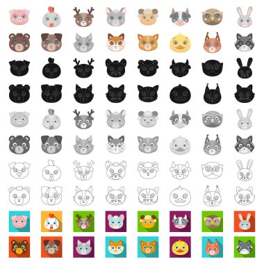 Ağızlıklar hayvanların set koleksiyonu tasarım için simgeleri karikatür. Yerli ve vahşi hayvanlar sembol stok web illüstrasyon vektör.