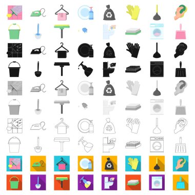 Temizlik ve hizmetçi set koleksiyonu tasarım için simgeleri karikatür. Vektör simge stok web illüstrasyon Temizleme için donatım.