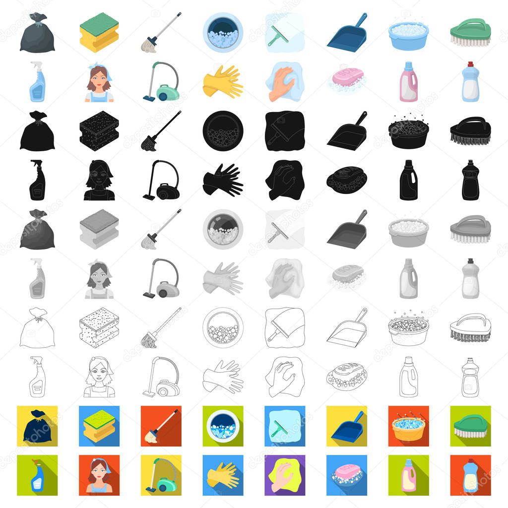 Cleaning and maid cartoon icons in set collection for design. Equipment for cleaning vector symbol stock  illustration.