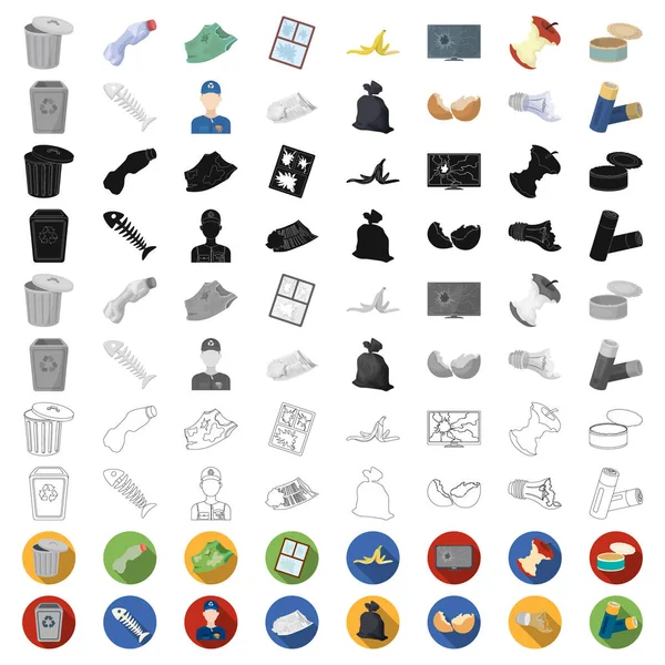 Icone dei cartoni animati della spazzatura e dei rifiuti nella raccolta dei set per il design. Pulizia vettoriale spazzatura simbolo stock web illustrazione . — Vettoriale Stock