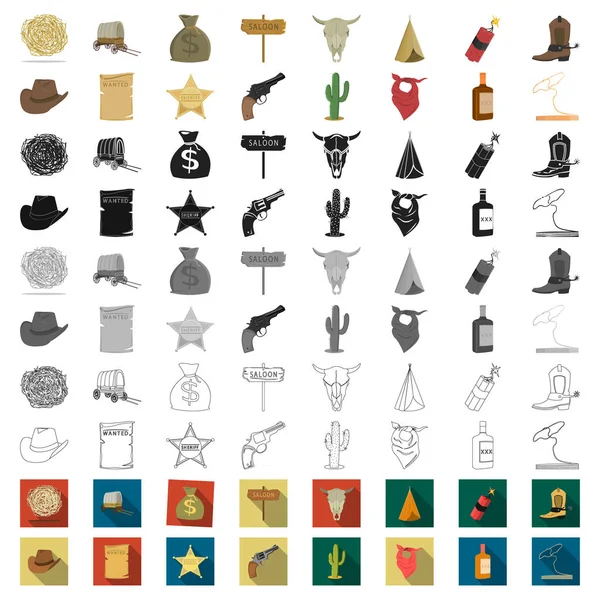 Примеры мультфильмов Дикого Запада в наборе для обозначения векторных символов Техаса и Америки . — стоковый вектор