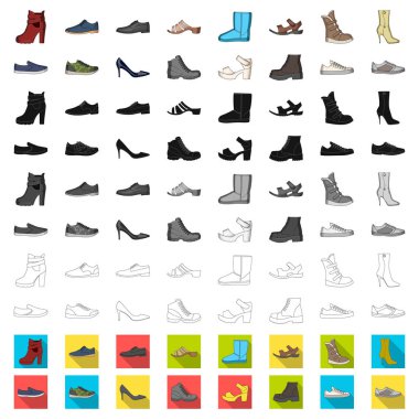 Farklı ayakkabı set koleksiyonu tasarım için simgeleri karikatür. Kadın ve erkek ayakkabı sembol stok web illüstrasyon vektör.