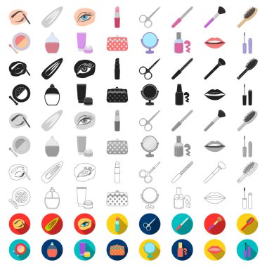 Makyaj ve kozmetik set koleksiyonu tasarım için simgeleri karikatür. Makyaj ve ekipman sembol stok web illüstrasyon vektör.