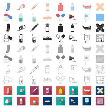 Set koleksiyonu tasarım için ilaç ve tedavi karikatür simgeler. Tıp ve ekipman sembol stok illüstrasyon vektör.