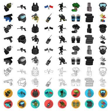 Paintball takım oyun karikatür simgeleri set koleksiyonu tasarım için. Ekipman ve kıyafet sembol stok web illüstrasyon vektör.