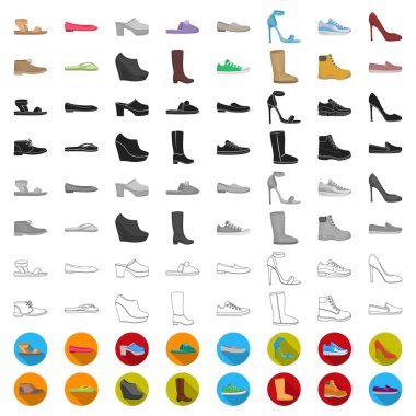 Ayakkabı çeşitli karikatür set koleksiyonu tasarım için simgeler. Önyükleme, spor ayakkabı sembol stok web illüstrasyon vektör.