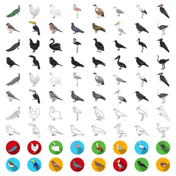 Типи птахів мультиплікаційні іконки в наборі колекції для дизайну. Домашній і дикий птах Векторний символ стокова веб-ілюстрація . — стоковий вектор