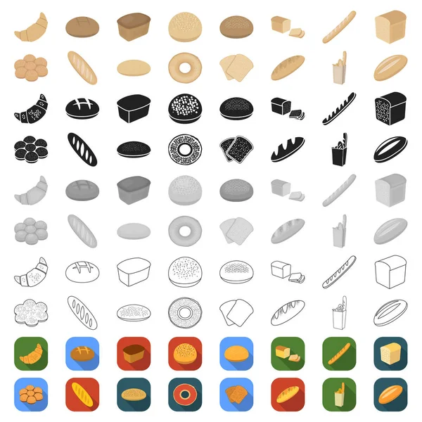Tipos de iconos de dibujos animados de pan en la colección de conjuntos para el diseño. Panadería productos vector símbolo stock web ilustración . — Archivo Imágenes Vectoriales