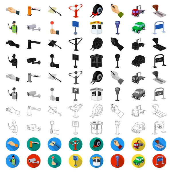 Parkplatz für Autos Cartoon-Ikonen in Set-Kollektion für Design. Ausrüstung und Service-Vektor Symbol Stock Web Illustration. — Stockvektor