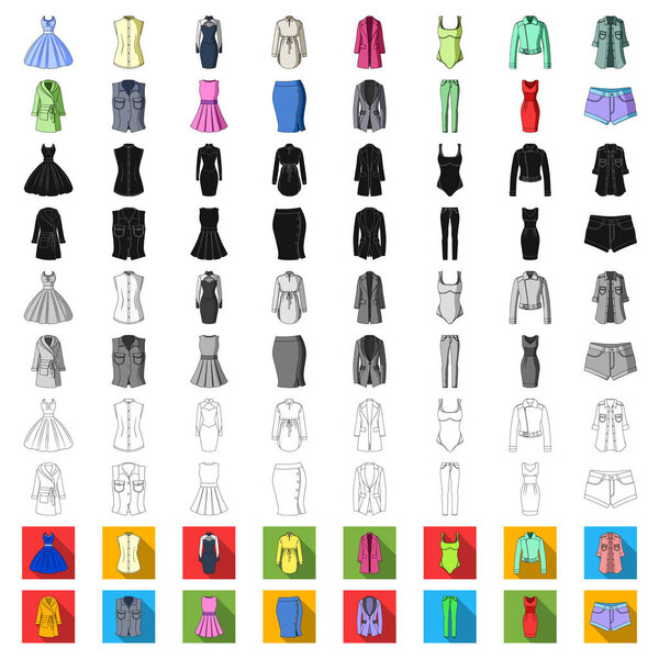 Women Clothing cartoon icons in set collection for design.Clothing Varieties and Accessories vector symbol stock web illustration.