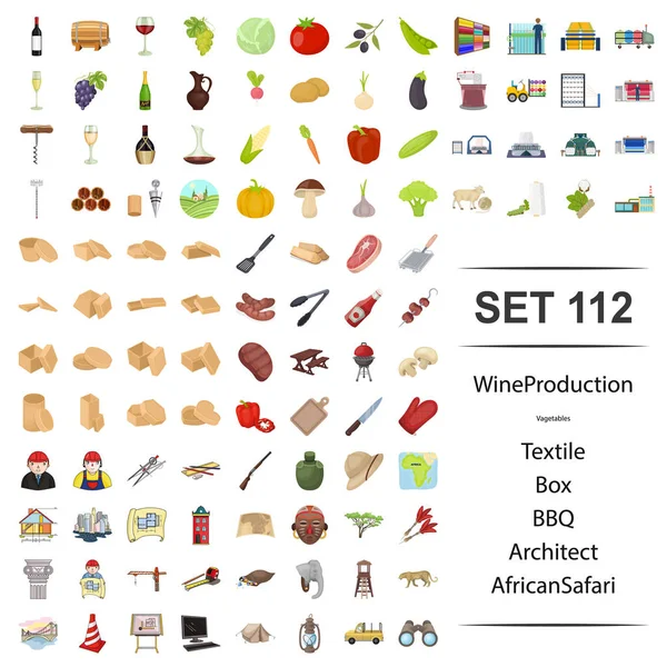 Ilustração vetorial de vinho, produção, vagetável, têxtil, caixa, arquiteto bbq conjunto de ícones de safári africano . —  Vetores de Stock