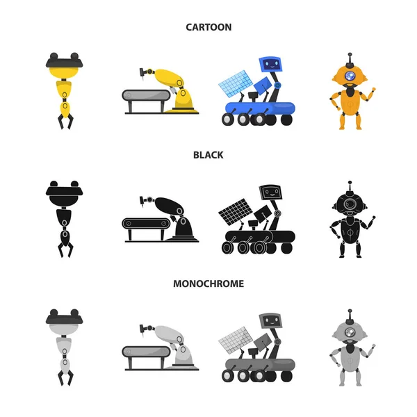 Векторная иллюстрация робота и логотипа завода. Набор символов робота и космического запаса для паутины . — стоковый вектор