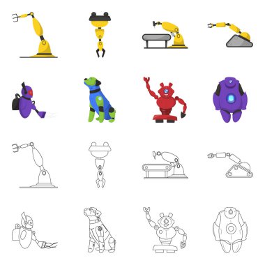 Robot ve fabrika işareti vektör Illustration. Hisse senedi için robot ve uzay vektör simge topluluğu.