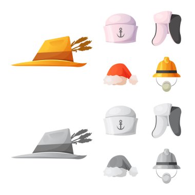 İllüstrasyon işareti şapkalar ve kap vektör. Şapkalar ve hisse senedi için aksesuar vektör ikon koleksiyonu.