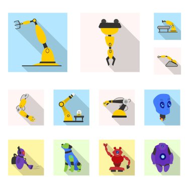 Robot ve fabrika işareti vektör Illustration. Robot ve uzay hisse senedi vektör çizim seti.