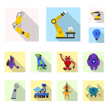 Robot ve fabrika simge vektör tasarımı. Hisse senedi için robot ve uzay vektör simge kümesi.