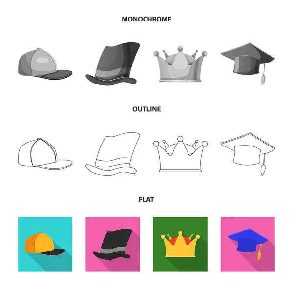 Векторная иллюстрация головного убора и знака крышки. Набор головных уборов и значок вектора аксессуаров для склада . — стоковый вектор