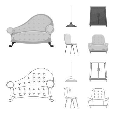 Mobilya ve daire simgesi yalıtılmış nesne. Mobilya ve hisse senedi için ev vektör simge kümesi.