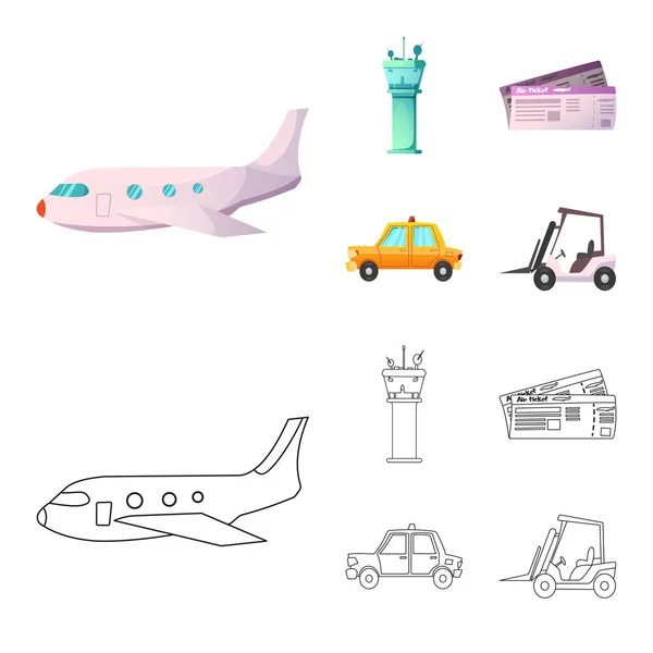 Vector ontwerp van luchthaven en vliegtuig pictogram. Collectie van de luchthaven en vlak aandelensymbool voor web. — Stockvector