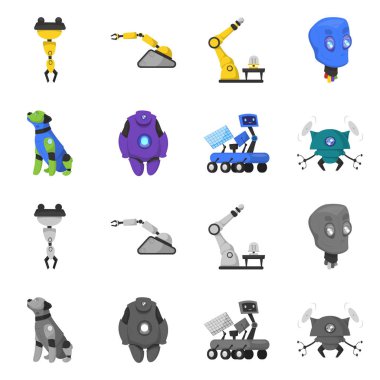 Robot ve fabrika sembolü yalıtılmış nesne. Hisse senedi için robot ve uzay vektör simge kümesi.