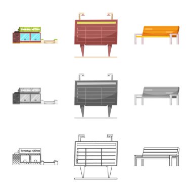 Tren ve istasyonu işareti yalıtılmış nesne. Hisse senedi için tren ve bilet vektör simge topluluğu.