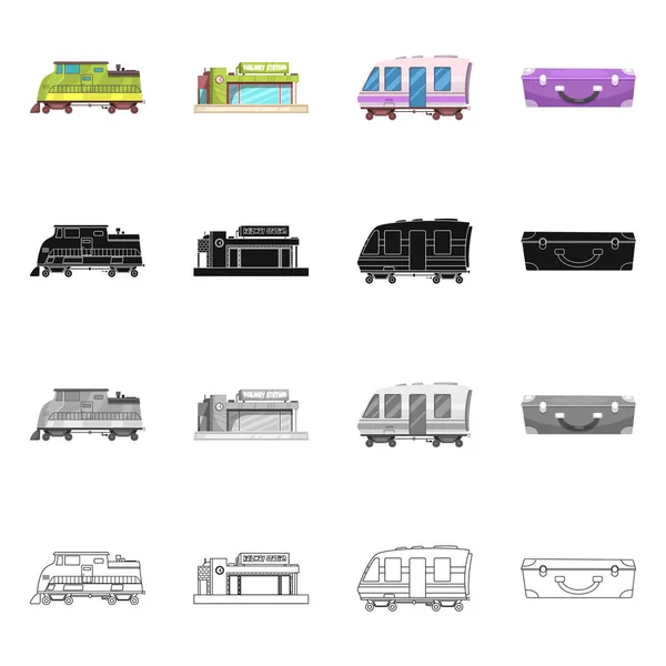 Vektordesign von Zug- und Bahnhofssymbol. Sammlung von Zug- und Fahrkartensymbolen für Aktien. — Stockvektor