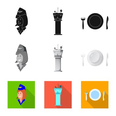 Havaalanı ve uçak işareti yalıtılmış nesne. Hisse senedi için Havaalanı ve uçak vektör simge topluluğu.