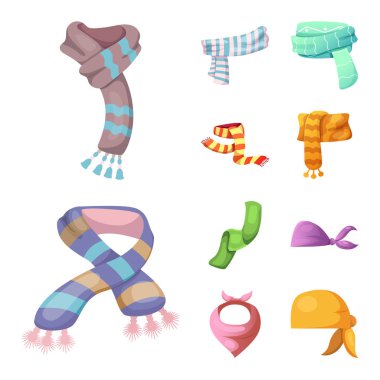 Bir eşarp ve şal işaret illüstrasyon vektör. Eşarp ve hisse senedi için aksesuar vektör simge kümesi.