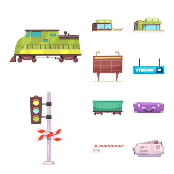 Oggetto isolato di treno e stazione simbolo. Raccolta dell'illustrazione dei vettori ferroviari e dei biglietti . — Vettoriale Stock