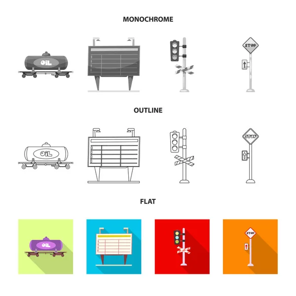 Isoliertes Objekt mit Bahnhofs- und Bahnhofslogo. Sammlung von Zug- und Fahrkartensymbolen für Aktien. — Stockvektor