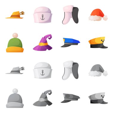 Şapkalar ve kap logosu yalıtılmış nesne. Şapkalar ve aksesuar hisse senedi vektör çizim.