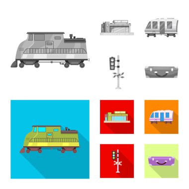 Tren ve istasyon logo vektör tasarımı. Web için tren ve bilet hisse senedi simgesi kümesi.