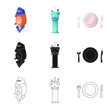 Havaalanı ve uçak simgesi yalıtılmış nesne. Hisse senedi için Havaalanı ve uçak vektör simge kümesi.